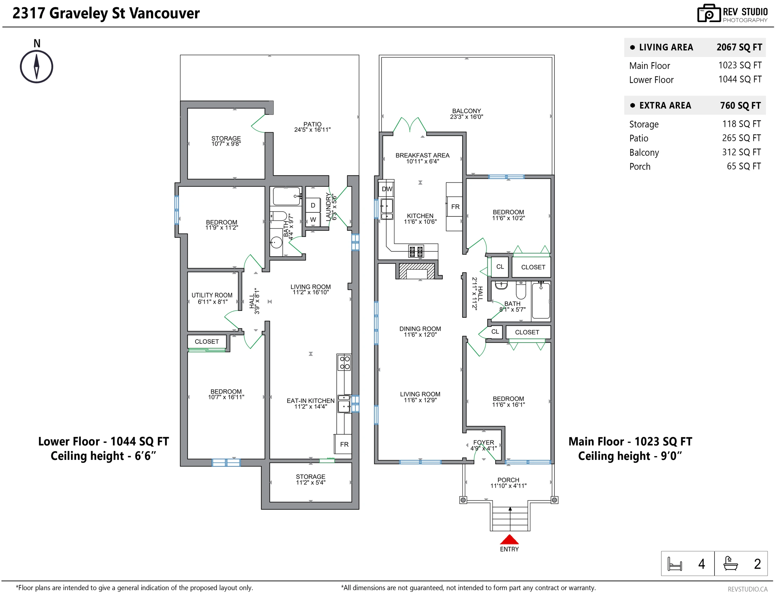 Floor plan of 2317 Graveley Street over two floors: main floor with porch, foyer, living room, dining room, kitchen, breakfast area, two bedrooms, a bathroom and the balcony; lower floor with living room, eat-in kitchen, two bedrooms, bathroom, laundry, utility room, storage, the patio and the storage room beside it