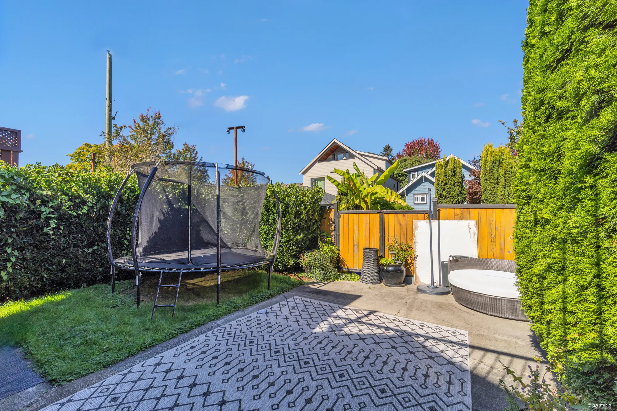 The back yard: a paved patio with an outdoor rug, a trampoline on the lawn, cedar hedges either side, a wooden fence and gate at the lane